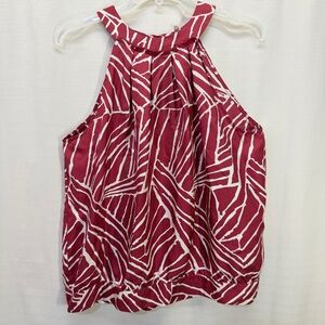 Calvin Klein Red White Silk Halter Pleated Front Neck Sleeveless Blouse Sz L